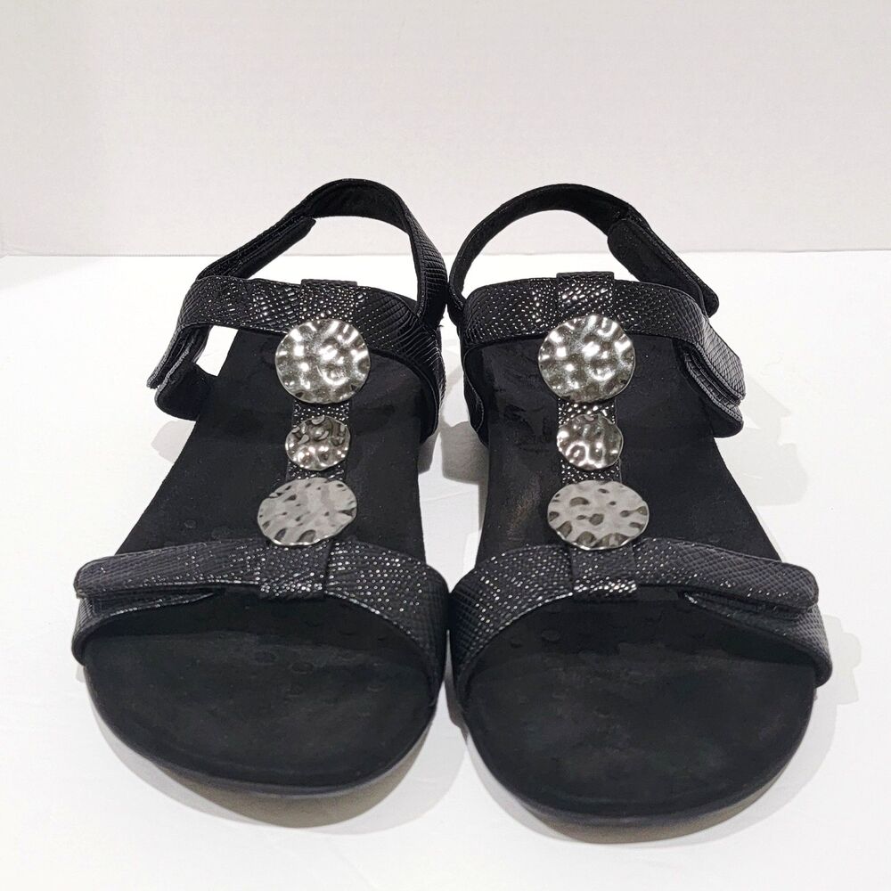 Vionic Farra Womens Sandals Sz 9.5 Black Silver Medallion Strappy Comfort Lizard